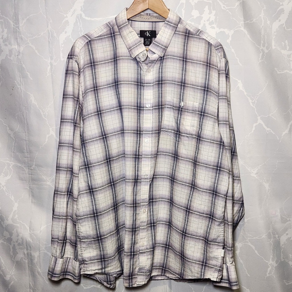 Calvin Klein Plaid Button-Up Shirt Men's XL Purple White Long Sleeve Preppy